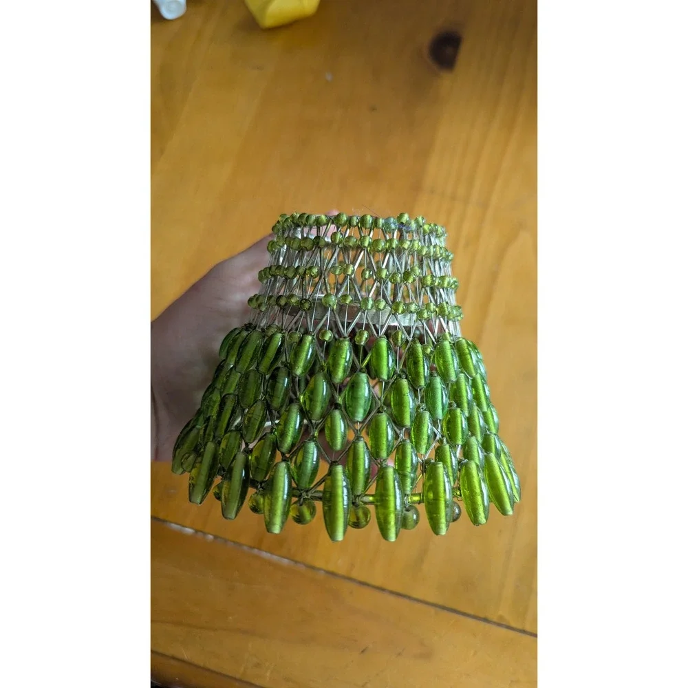 Vintage Beaded Wire Lamp Shade Olive Green Glass Teardrop Boho Decor 4 Inch